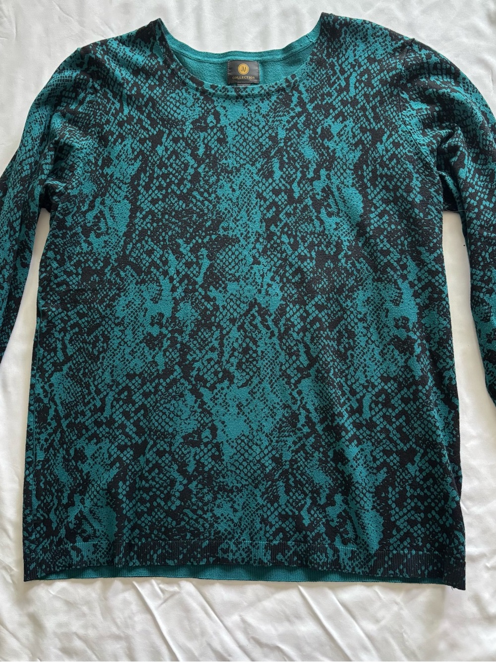 JM Collection Teal and Black Patterned Crew Neck Sweater